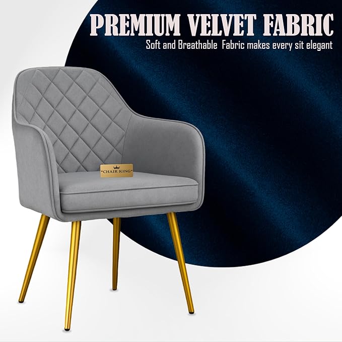 Barfi Velvet Dining Chair | Set of 2 Premium Accent Chair with Armrest, Padded Seat and Metal Legs | Comfy Chair for Home, Office & Restaurents | (Light Grey with Puffy)